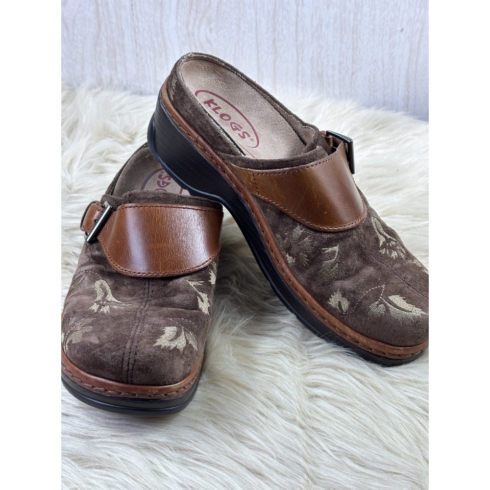 Klogs Austin Clogs Brown Suede Floral Comfort Mule Slip Resistant 9.5